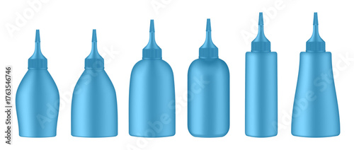 Set of squeeze bottles. Light blue bottle with tip cap. Dispensing cap. Colorful hair dye.	
