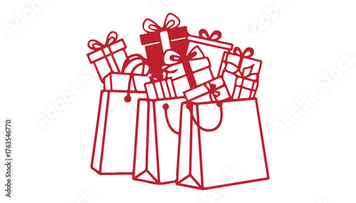 Red outline drawing of gift bags overflowing with presents