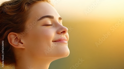 A close-up of a person face with eyes closed and a gentle smile, symbolizing a balanced and happy life. Mindfulness, positive thinking, and a growth mindset.