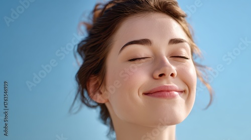A close-up of a person face with eyes closed and a gentle smile, symbolizing a balanced and happy life. Mindfulness, positive thinking, and a growth mindset.