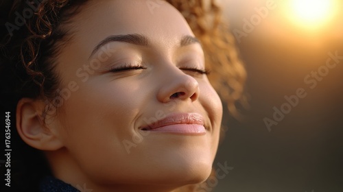 A close-up of a person face with eyes closed and a gentle smile, symbolizing a balanced and happy life. Mindfulness, positive thinking, and a growth mindset.
