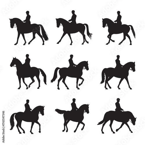 Set of elegant horse dressage silhouettes in motion isolated on white background
