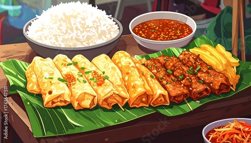 An illustration of various savory dishes on a banana leaf. Includes a bowl of white rice, dipping sauce, spring rolls, grilled meat, and fries