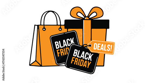 Black friday shopping bag gift box and deals sign illustration