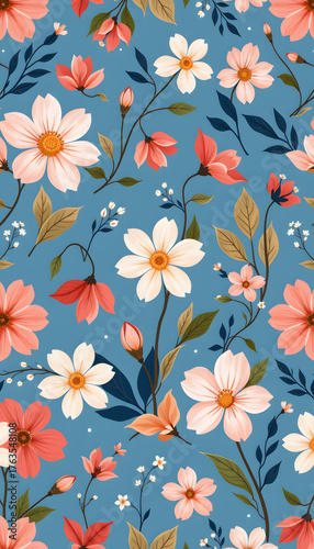 Seamless pattern made of abstract simple flowers, Flat floral ornament, Minimalistic botanical elements pose a tranquil, crystal clear side profile, subject positioned at the top