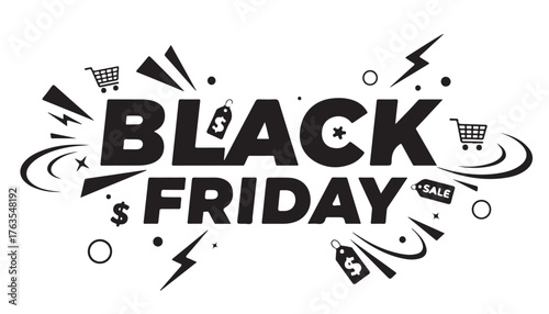 Explosive black friday sale announcement with shopping icons