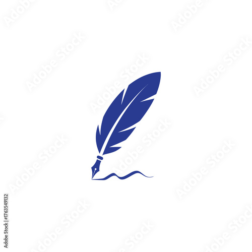 Elegant blue quill pen writing a wavy line on pristine white backdrop conveys classic writing, creativity and artistic expression with a simple aesthetic