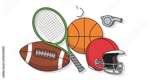 Assortment of Sports Equipment: Football, Tennis, Basketball, and Helmet.