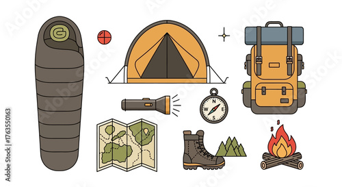 Brown Sleeping Bag with Green Headrest, Camping Equipment Illustration