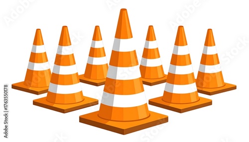 An illustration presents a group of eight orange and white striped traffic cones arranged on a white background. The cones vary slightly in size