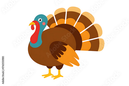 Colorful cartoon turkey stands proudly, displaying vibrant feathers and a cheerful expression.