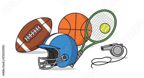 Cartoon collection of sports equipment including a football, basketball, helmet, tennis racket, and whistle.