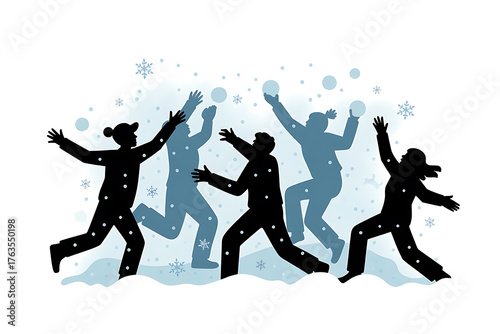Silhouetted figures joyfully throwing snowballs amidst falling snowflakes, conveying winter fun and play.