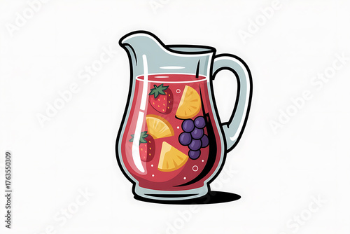 A glass pitcher filled with red juice, fruit slices, and berries, a refreshing beverage.