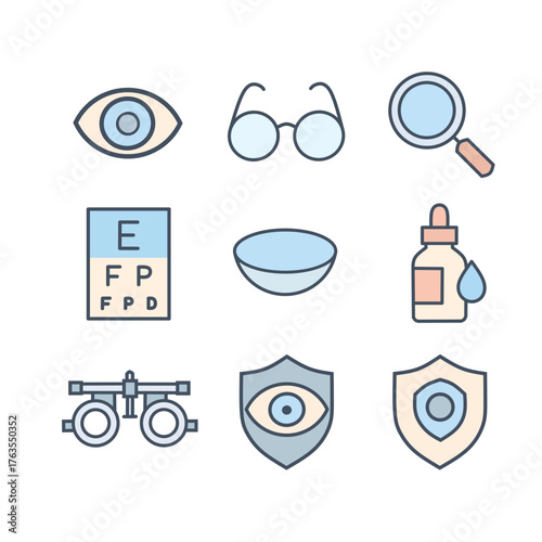 Flat Style Healthcare Eye Examination and Treatment Elements Icon Set