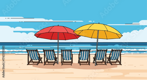 Vector illustration of a peaceful beach scene with two colorful umbrellas