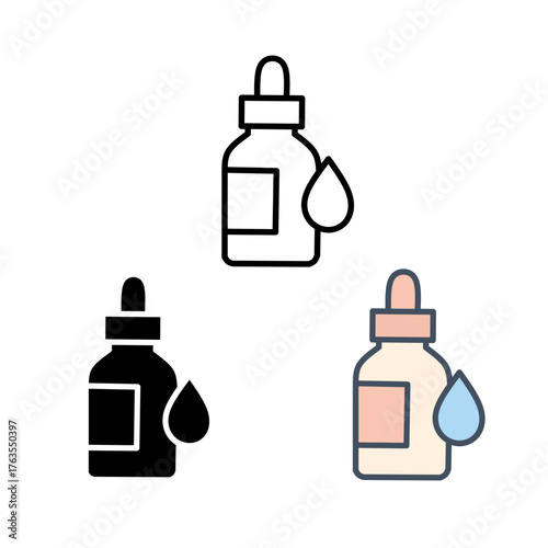 Simple Outline Filled Serum Bottle with Dropper and Liquid Drop Icon Set