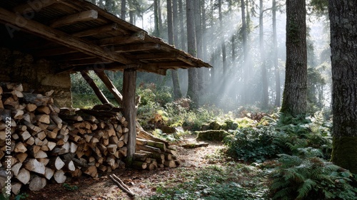 forest clearing with stacked cordwood, log rack under tin roof, sunlight shafts through pines, crisp textures
