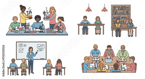 Colorful flat design illustrations of students and teachers actively learning in science lab, classroom, library, and group settings.