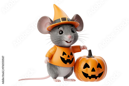 Cute mouse in a Halloween costume holds a pumpkin, celebrating spooky season joyfully.