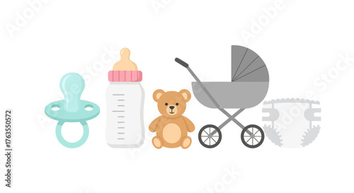Colorful flat vector baby essentials: teal pacifier, feeding bottle, brown teddy bear, grey pram, white diaper