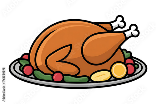 Roasted turkey presented on a platter, garnished with colorful fruits and greenery.