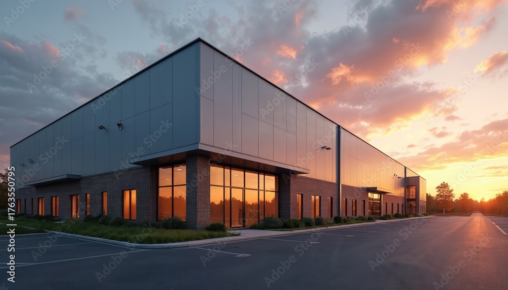 Obraz premium Modern industrial building exterior at sunset with empty parking lot. Commercial real estate property with glass windows reflecting colorful sky. New warehouse office structure for business