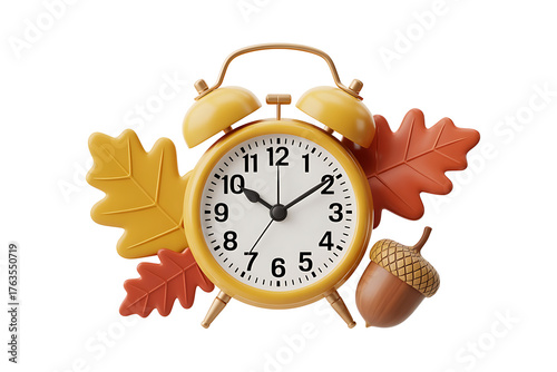 Vintage yellow alarm clock adorned with autumnal leaves and an acorn, signifying fall season.