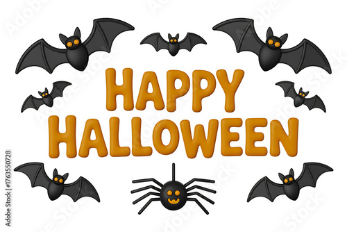 Festive Halloween greeting with bats, spider, and cheerful lettering conveys spooky celebration.
