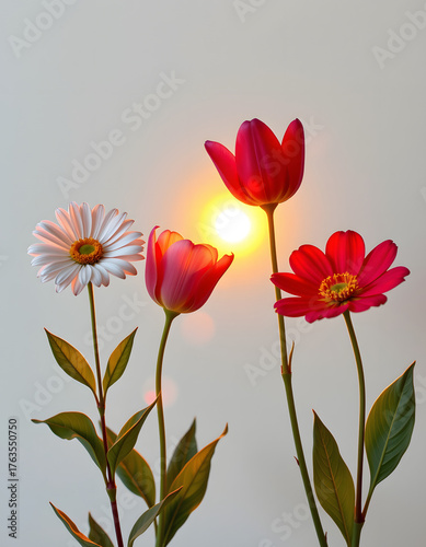 Immerse in a first person sunrise perspective, Four meticulously crafted floral designs burst forth, a delicate daisy, a graceful tulip, and two unknown vibrant blossoms radiating an inner light