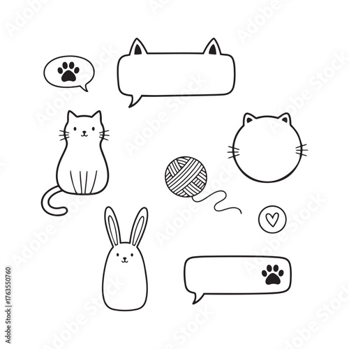 Cute Hand Drawn Pet Doodle Set | Cat, Bunny, and Speech Bubble Vector Elements for Chat and Stickers