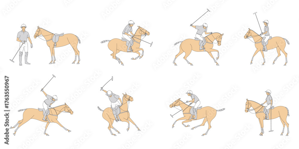 Fototapeta premium Vector illustration of polo players and ponies in various action poses on white background