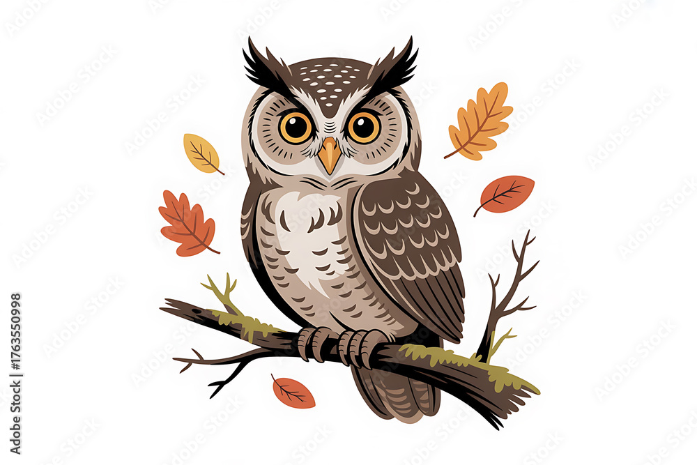 Obraz premium Wise owl perched on a branch, surrounded by falling autumn leaves, evokes a sense of tranquility.