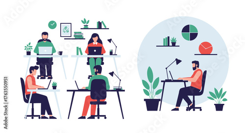 Diverse individuals working on laptops in modern office environments