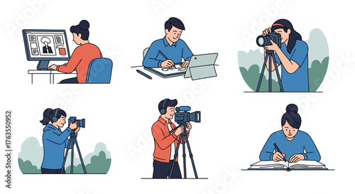 Diverse individuals engaged in creative and technical pursuits, capturing moments and crafting content.