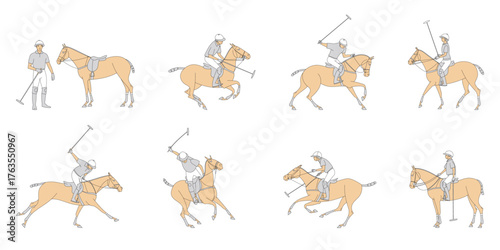 Vector illustration of polo players and ponies in various action poses on white background