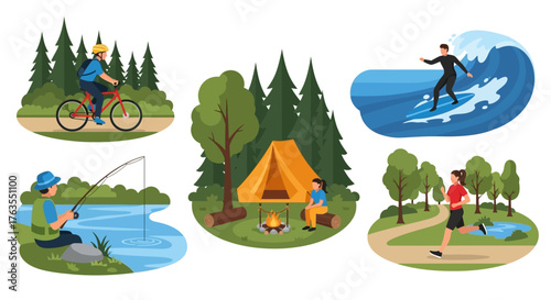 Diverse Outdoor Activities: Cycling, Camping, Surfing, Fishing, and Running
