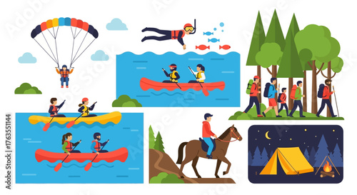 Diverse Outdoor Adventure Activities Illustrated with People and Nature