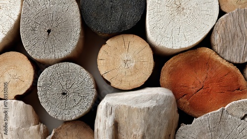 tight stack of split logs, end grain patterns, concentric rings and checks, soft side light, copy-safe negative space