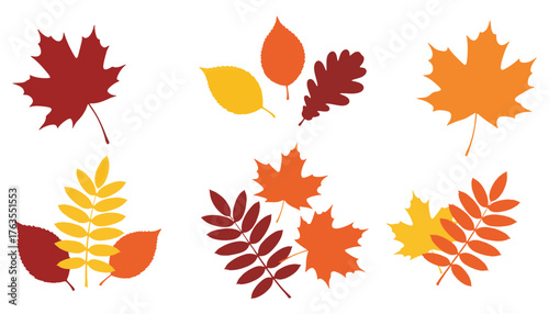 Six decorative clusters of stylized autumn leaves in shades of red, orange, and yellow, perfect for seasonal designs.
