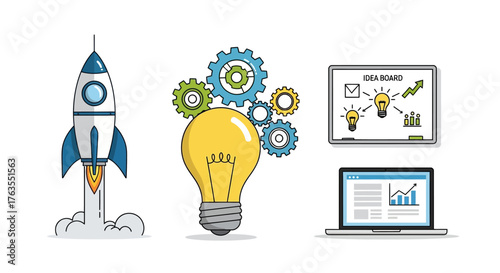 Flat design business innovation icons set: launching rocket, lightbulb gears, idea board, laptop data