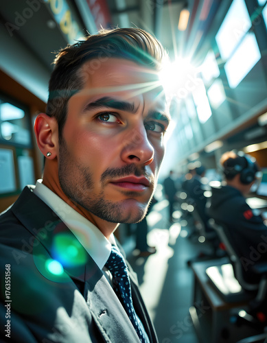 Close up portrait, supremely confident, handsome executive amidst blurred office chaos, low angle, tunnel vision perspective, fantastical atmosphere, Sunlight floods in, striking the subject's face
