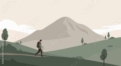 Flat vector illustration of a man hiking with a brown backpack and a black walking stick.