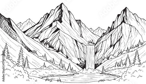 An intricate black and white sketch of a majestic mountain range featuring a cascading waterfall and a serene lake in the foreground.