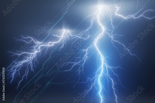 Electric storm illuminates dark sky with brilliant, jagged bolts of intense blue light.