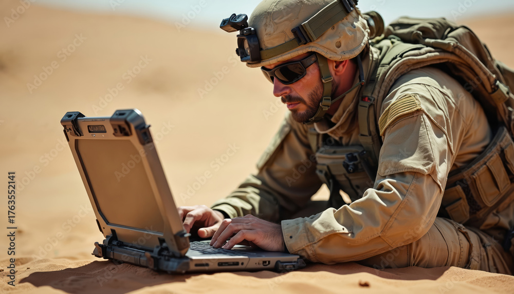 Naklejka premium Soldier in tactical gear uses rugged laptop in sandy desert terrain. Military personnel communicates, operates drone, gathers on mission. Army man works in remote arid environment.