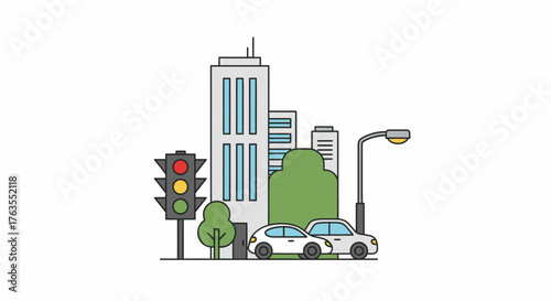 Minimalist urban cityscape with cars at a red traffic light, skyscrapers, and a streetlight in a clean, flat line art style.