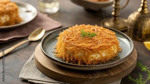 Golden shredded filo pastry surrounds a creamy filling, presented elegantly on a wooden board.
