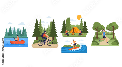 Outdoor Activities Illustration: Fishing, Biking, Camping, Surfing, and Running