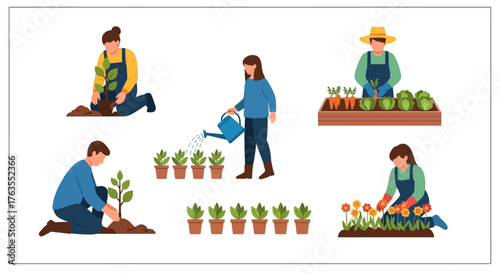 People Gardening: Planting, Watering, and Harvesting Vegetables and Flowers